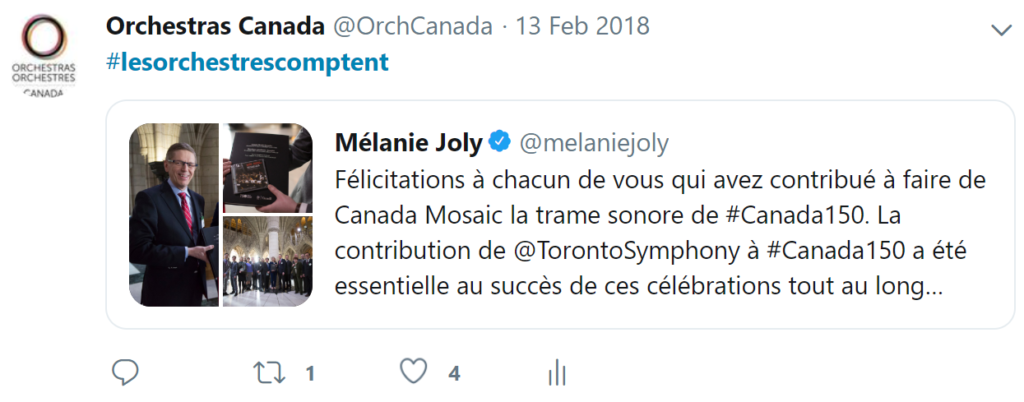 Retweet de Mélanie Joly : Félicitations à chacun de vous qui avez contribué à daire de Canada Mosaic la trame sonore de #Canada150. La contribution de @TorontoSymphony à #Canada150 a été essentielle au succès de ces célébrations