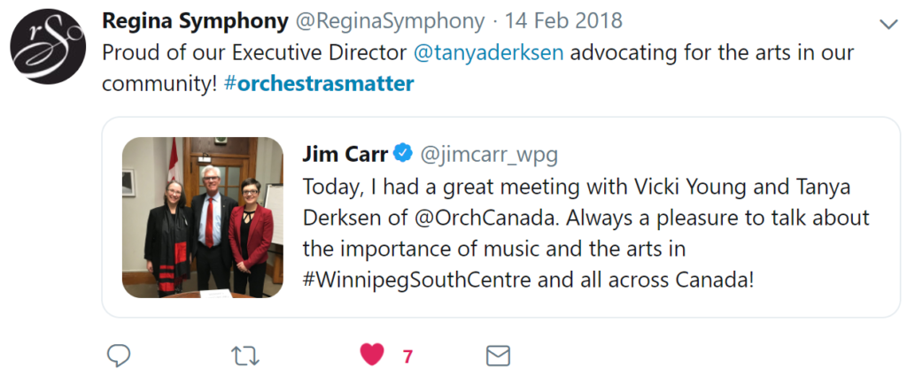 Tweet from the Regina Symphony reading: Proud of our Executive Director @tanyaderksen advocating for the arts in our community! #orchestrasmatter