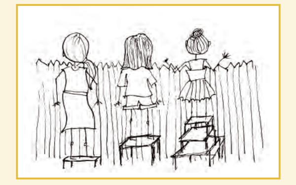 Drawing of three children looking over a fence while standing on stools