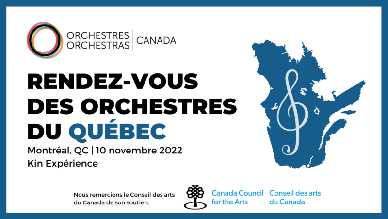 Cover photo for the Montreal Orchestras meeting, featuring the map of Quebec and a treble clef. 