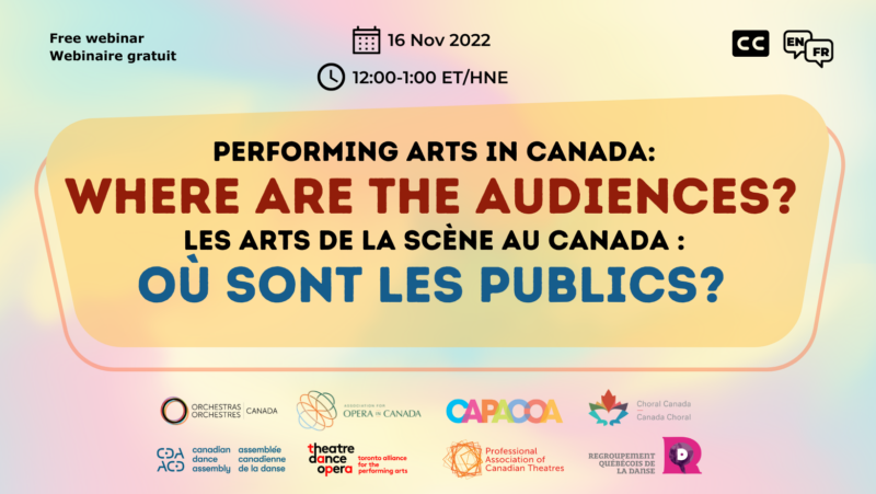 A rectangular colourful banner with the title Performing Arts in Canada: Where are the Audiences, showing the date of November 16 and time of 12:00 pm Eastern, and logos of 8 Canadian arts service organizations. 